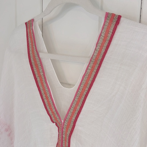 Swim Suit Coverup in White with pink and gold trim and pink Pom-pom Trim - Picture 2 of 8